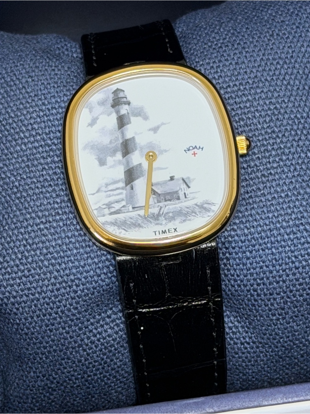 Timex Gold-Tone Case Black Leather Strap Lighthouse Dial Watch